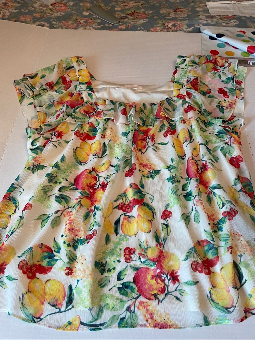 Lauren Conrad Floral Fruit Print Ruffle Sleeve Blouse